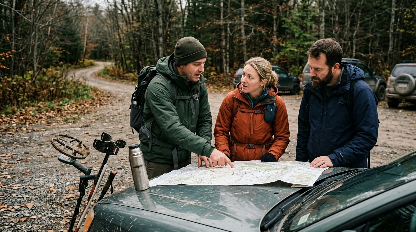 Group of detectorists reviewing a paper map next to a car with detector