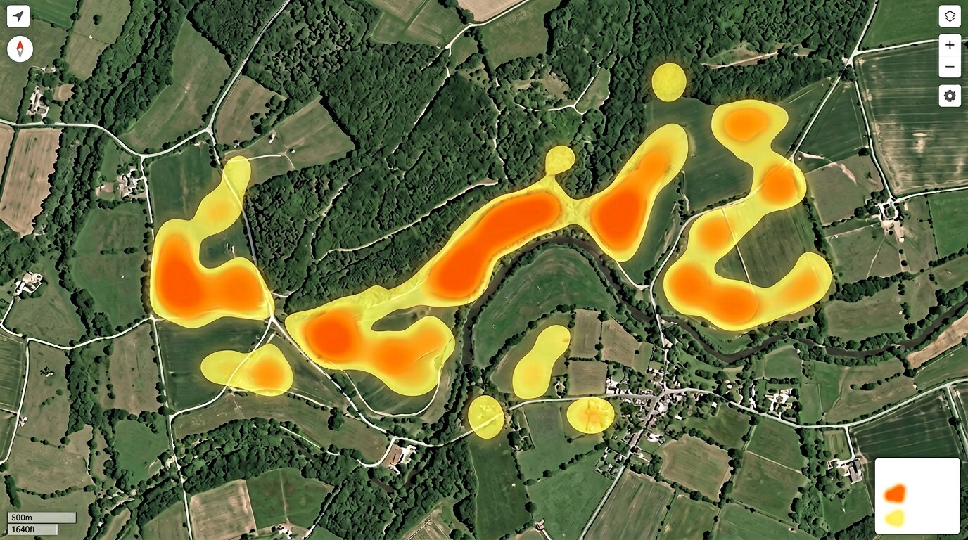 AI heatmap overlay showing hotspot scan results on aerial map