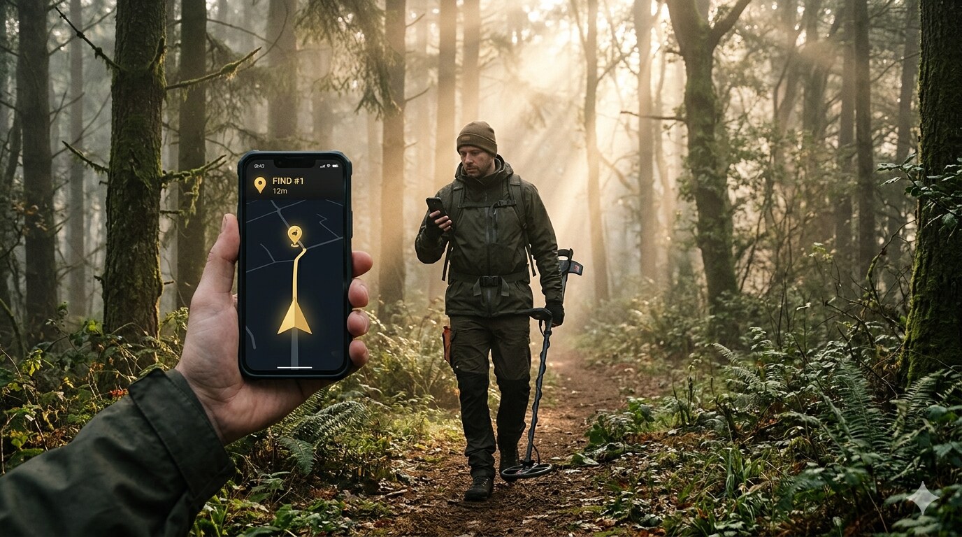 Navigating through forest with GPS app on smartphone